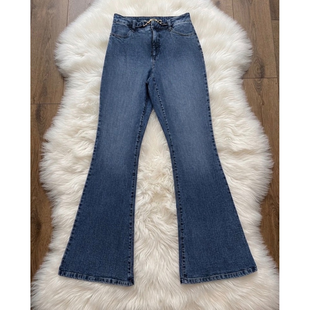 INC International Concepts Flare Jeans Horsebit Chain High Rise Blue 6/28